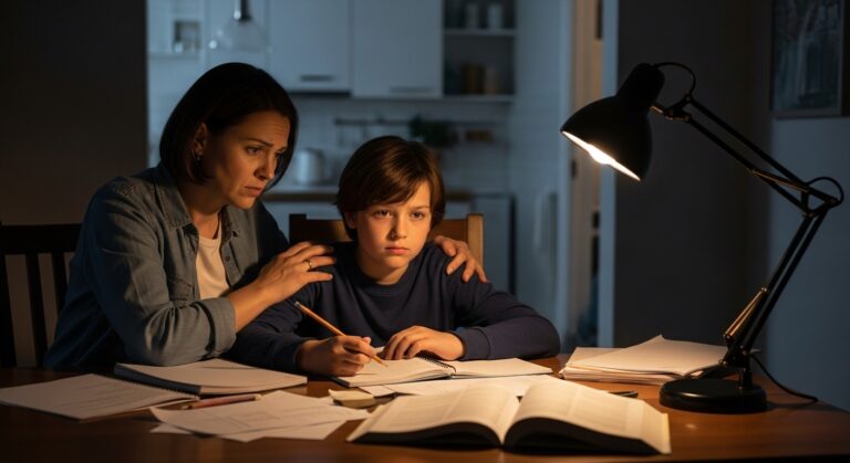 Poor note-taking causing homework stress for a middle-school student at home