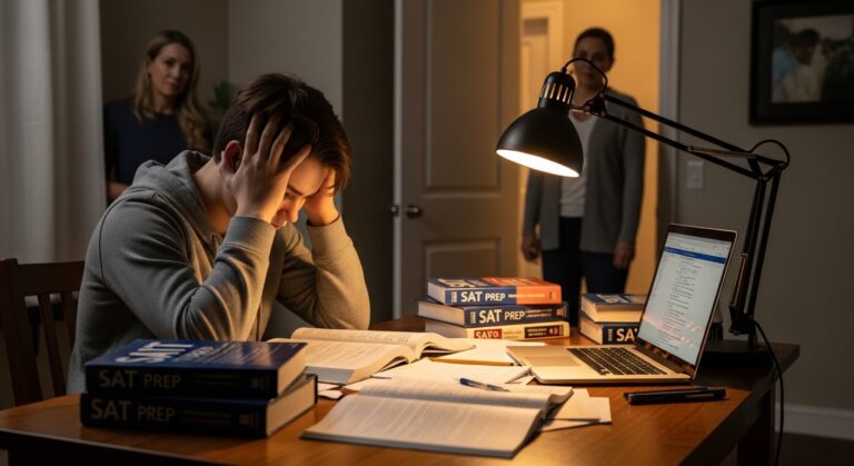 Teenage student struggling with SAT in 2026 while parent provides guidance