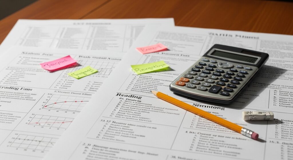Close-up of SAT practice materials showing how SAT Myths impact preparation
