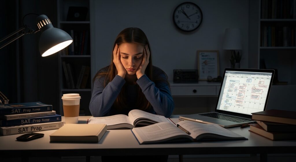 Teenager overwhelmed by squeezing SAT prep into a packed schedule late at night
