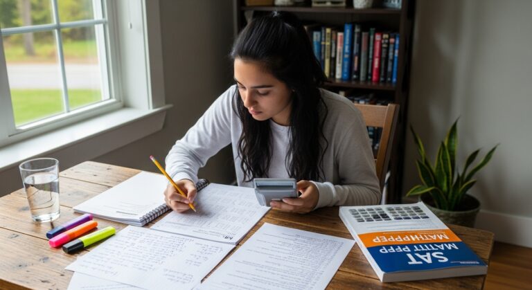 SAT Math student preparing for exam with focus and determination