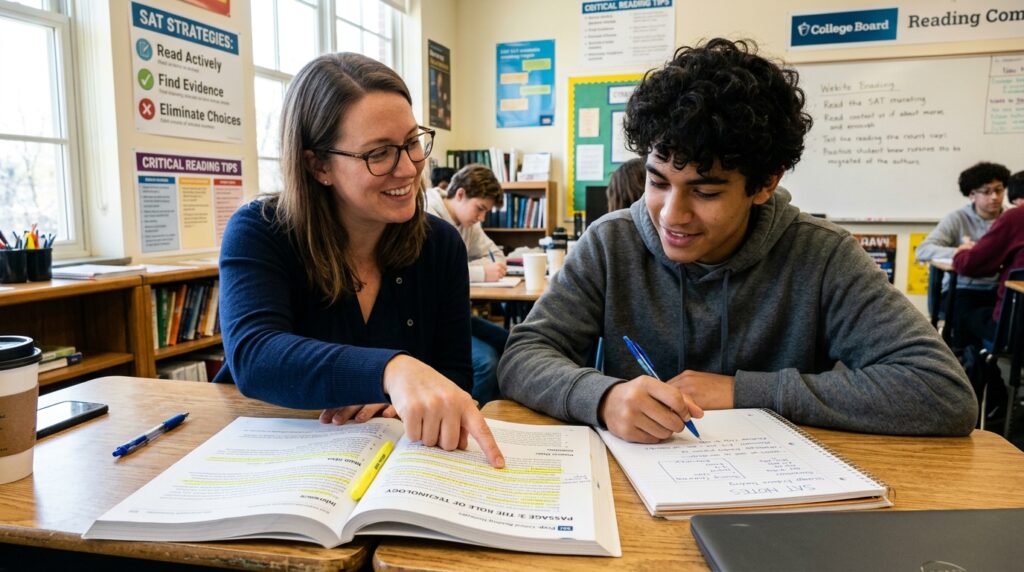 Tutor helping student raise SAT Scores through reading comprehension