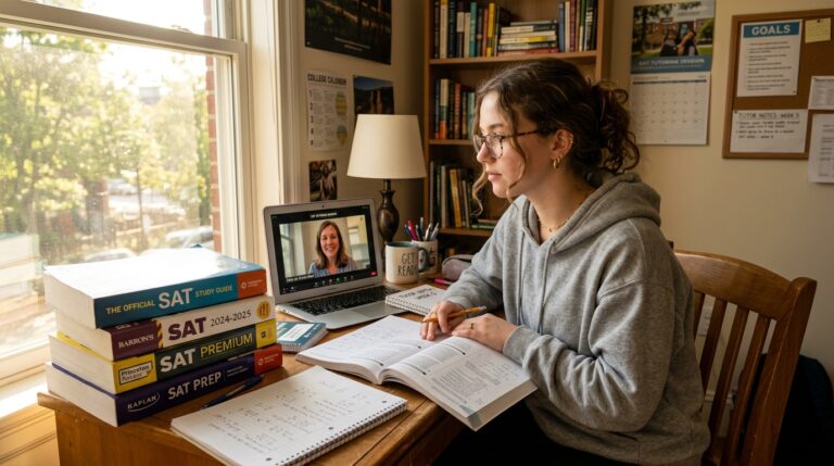 Student preparing for SAT Tutoring or self‑study with books and laptop