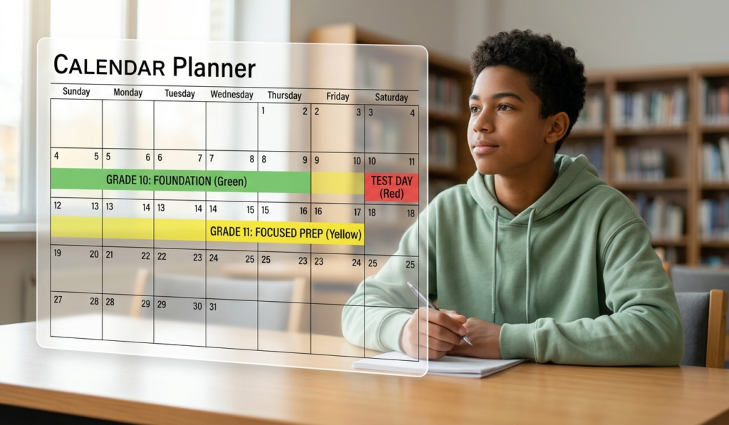 A high school student sits at a library desk, looking ahead. In the foreground, a large, translucent calendar planner highlights distinct, color-coded preparation zones for "GRADE 10: FOUNDATION" and "GRADE 11: FOCUSED PREP."