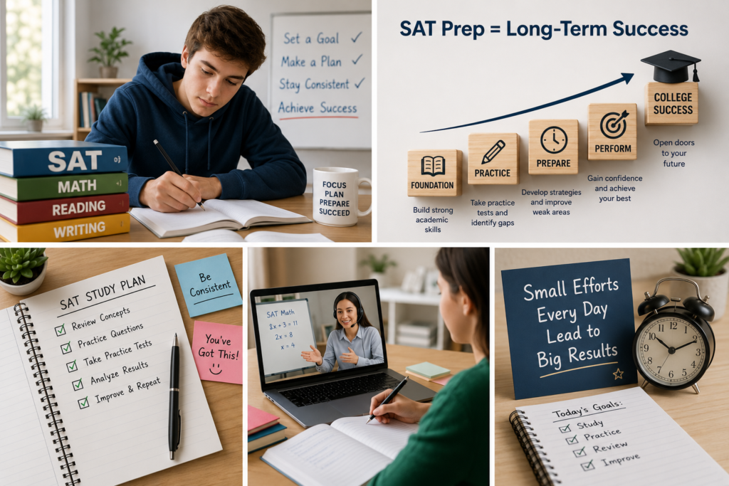 When to start SAT prep infographic showing SAT study plans, tutoring, practice tests, and long-term strategies for college success.