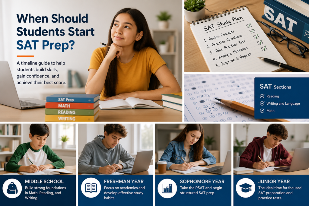 When to start SAT prep infographic showing SAT preparation timeline from middle school to junior year.