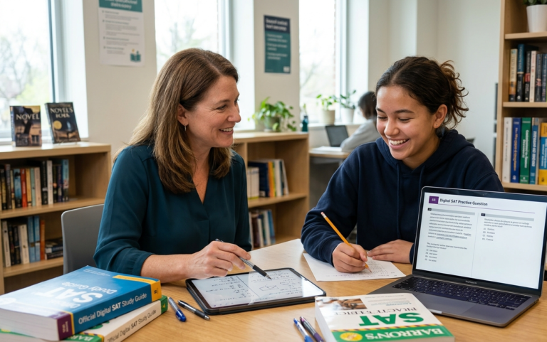 A smiling high school student looks at a laptop screen showing a Digital SAT practice question during a one-on-one tutoring session with a female instructor pointing at a tablet on a desk in a bright library or classroom.