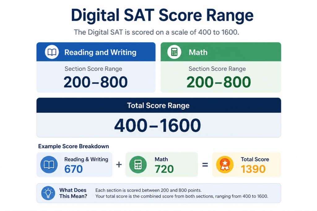Digital SAT score range from 400 to 1600
